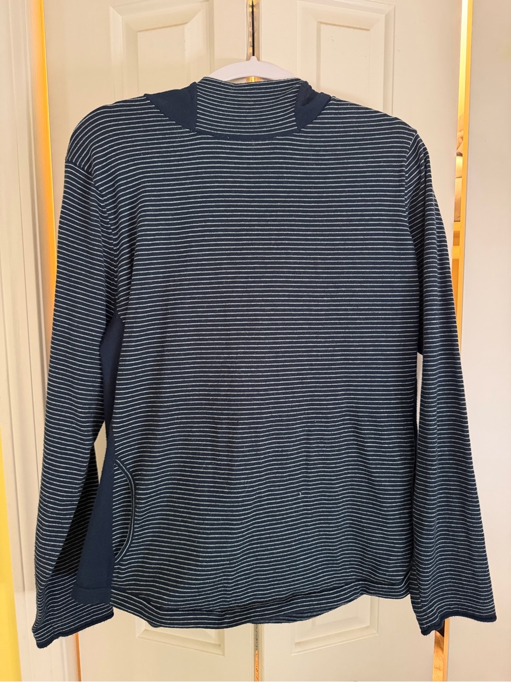 Duluth Trading Co Navy and White Striped Mock-Neck Pullover